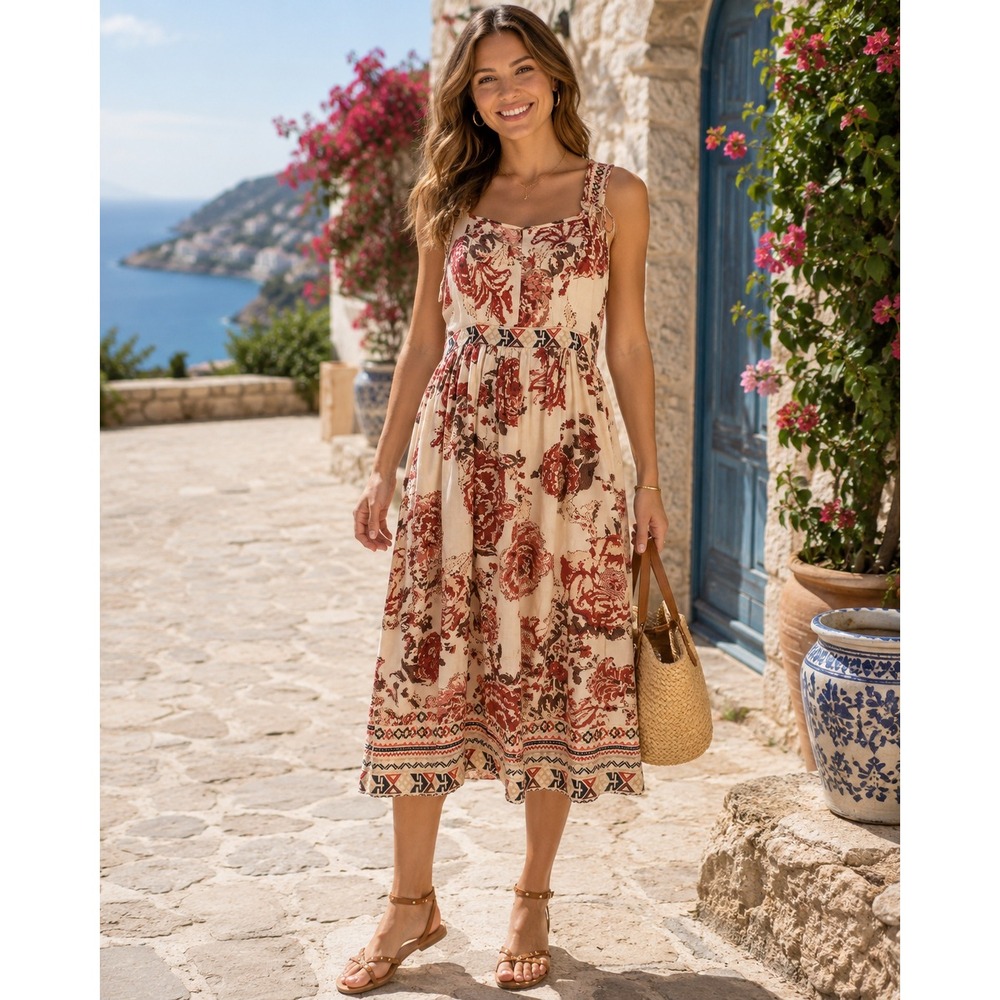 Ranna Gill Boho Linen Floral Empire Waist Midi Dress Tie Strap Cream Red L